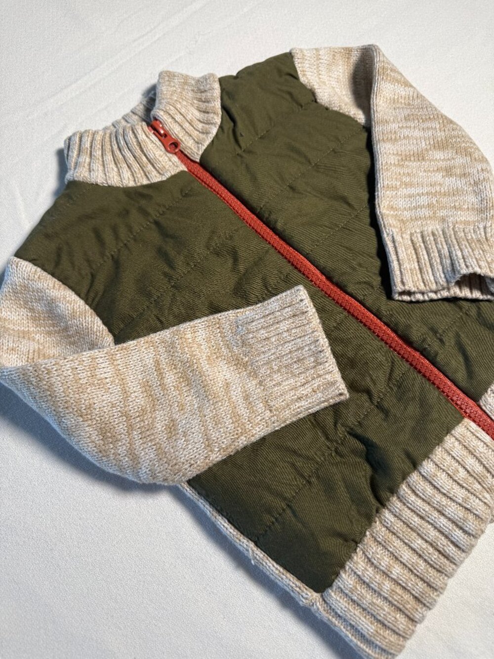 Cat & Jack Boys Quilted and Knit Zip Up Jacket Sherpa Lined Green/Beige Size 18M